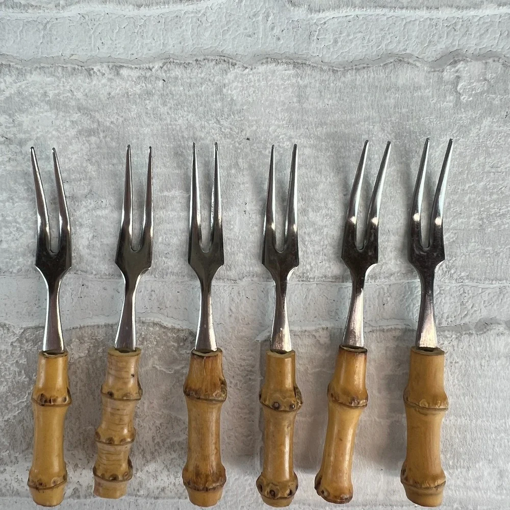 Viking Bamboo Little Forks 6 Cocktail Hand Made Set Original Box Japan Vintage